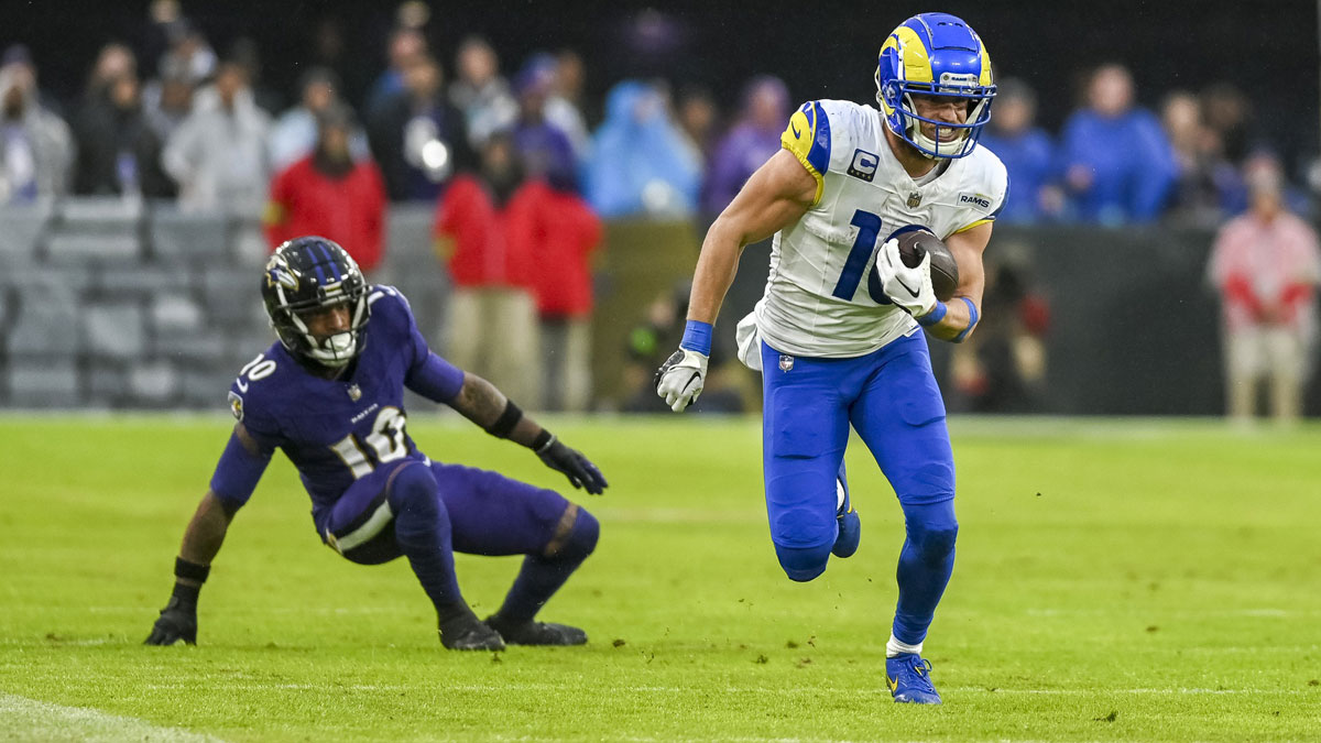 Dec 10, 2023; Baltimore, Maryland, USA; Los Angeles Rams wide receiver Cooper Kupp (10) runs past Baltimore Ravens cornerback Arthur Maulet (10) after a catch during the second half at M&T Bank Stadium.