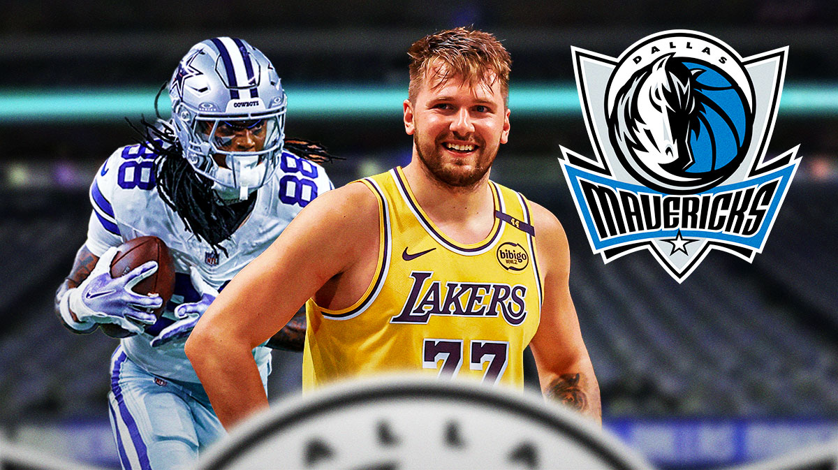 Dallas Cowboys player CeeDee Lamb, Los Angeles Lakers player Luka Doncic, and Dallas Mavericks logo
