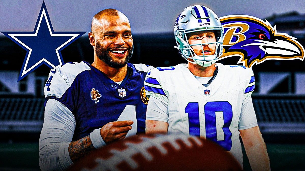 Dak Prescott next to Cowboys logo and Cooper Rush next to Ravens logo.