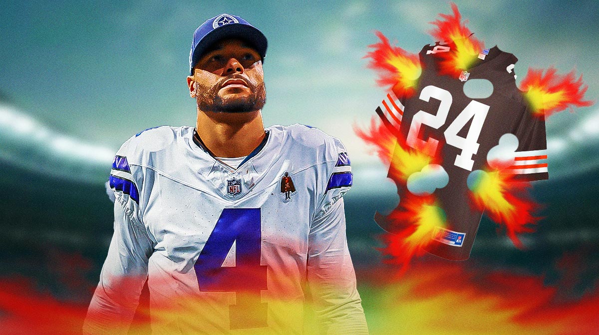 Cowboys quarterback Dak Prescott beside a Browns uniform on fire.