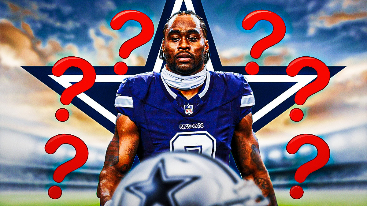 Brandin Cooks in a Dallas Cowboys uniform with a Cowboys logo behind him and question marks as brandin cooks hits free agency for the first time and the cowboys build out their team by re-signing free agents.