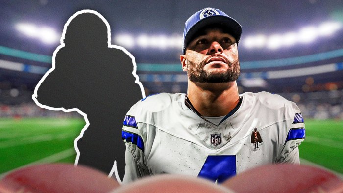 Dak Prescott next to the blacked-out silhouette of Parris Campbell at the Cowboys stadium.