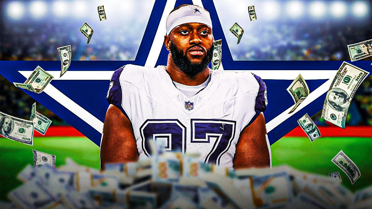 Cowboys defensive tackle Osa Odighizuwa surrounded by money bag emojis. There is also a logo for the Dallas Cowboys.