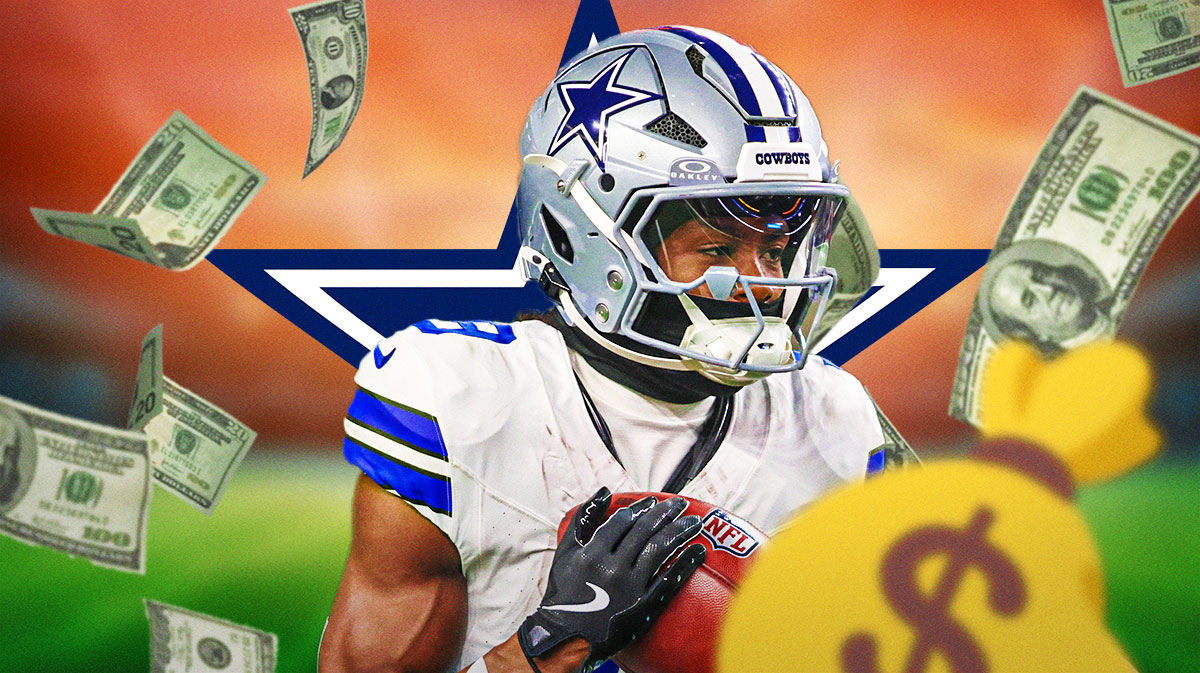 Dallas Cowboys WR Kavontae Turpin surrounded by money bag emojis (💰). There is also a logo for the Dallas Cowboys.