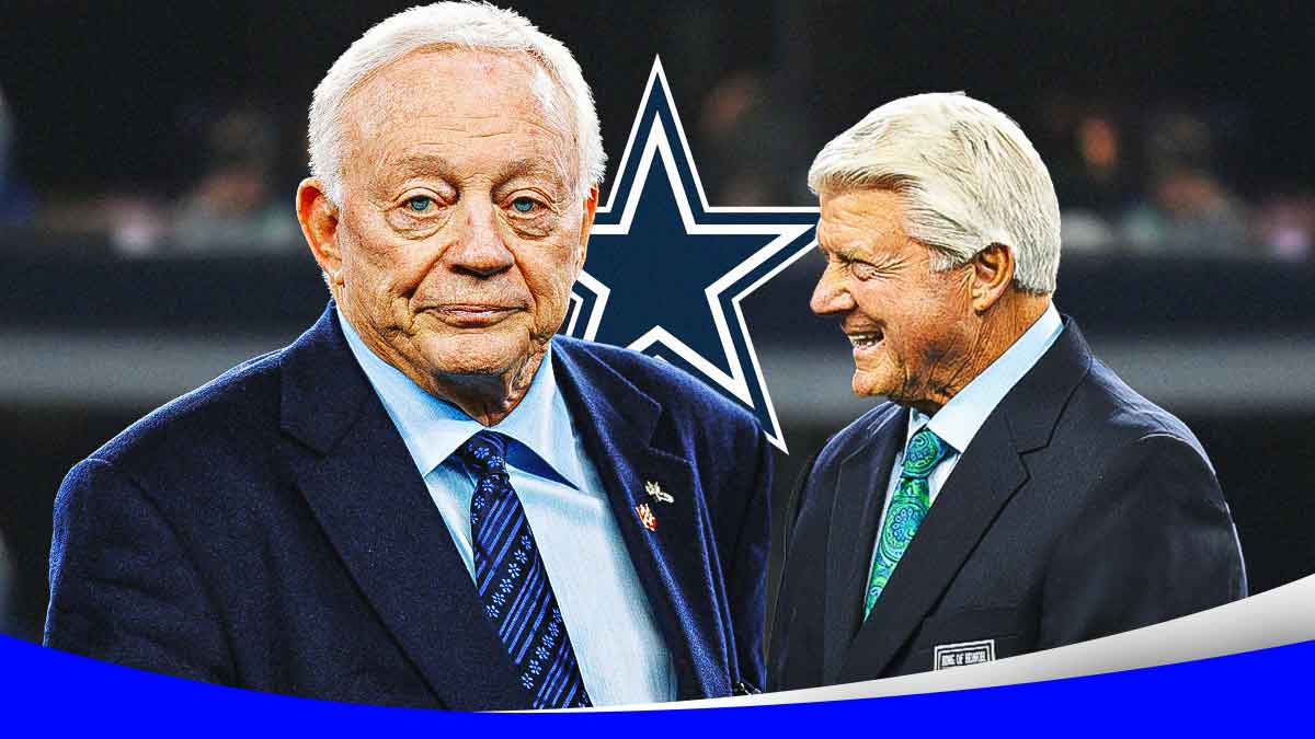 Jimmy Johnson looking very happy. Jerry Jones also looking very happy. Dallas Cowboys logo in between them