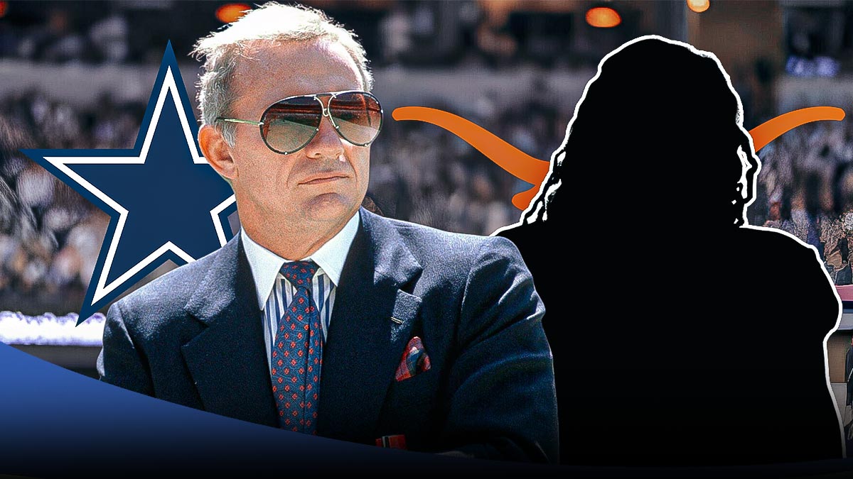 Jerry Jones, silhouette of Matthew Golden, Dallas Cowboys and Texas Longhorns logos