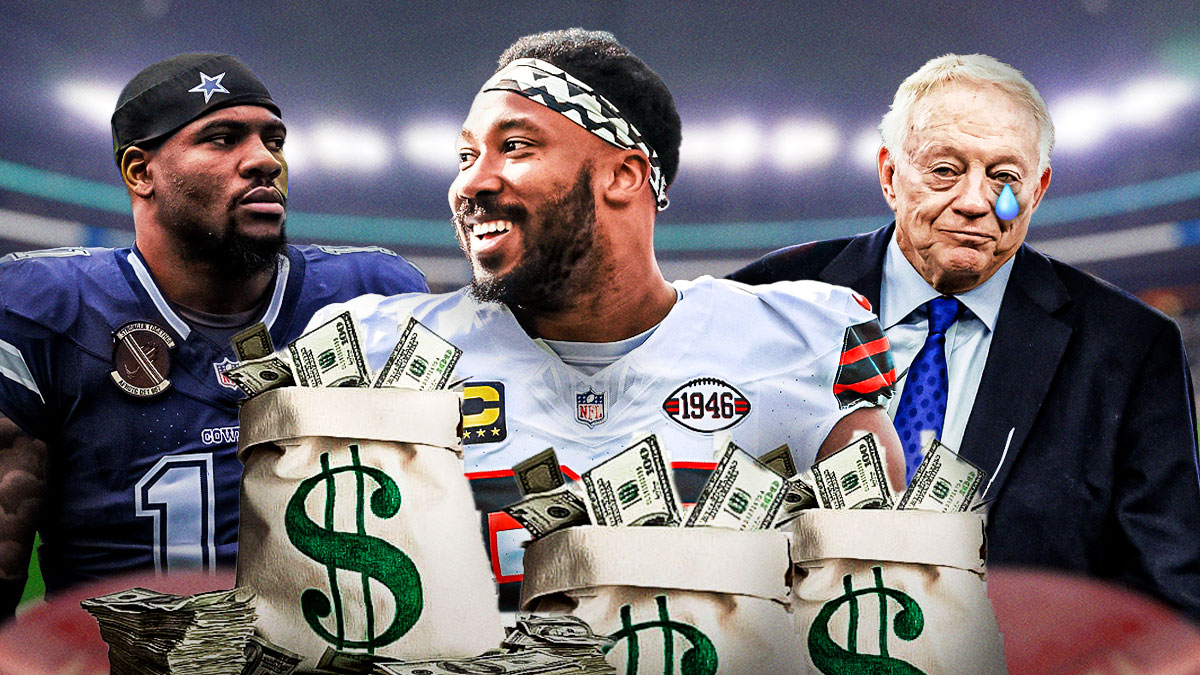 Myles Garrett celebrating with money bags around him, with Cowboys linebacker Micah Parsons also celebrating. There's also Jerry Jones who has a tear going down his face.
