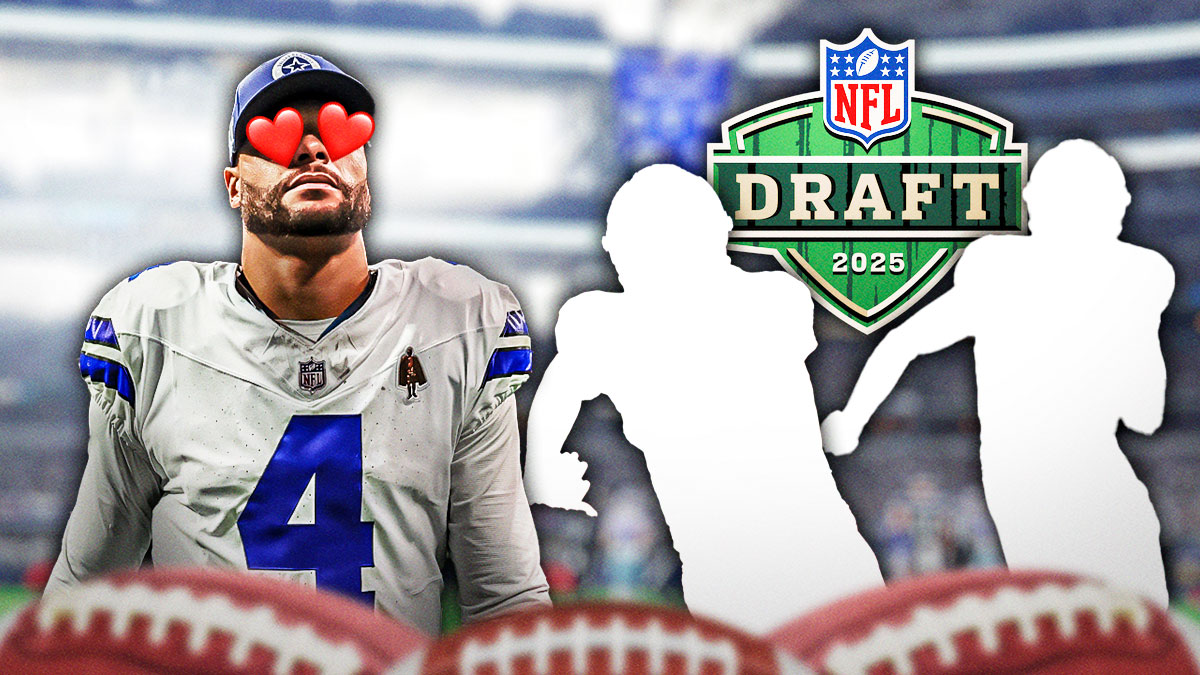 Cowboys QB Dak Prescott looking at 2 players next to the NFL Draft logo.