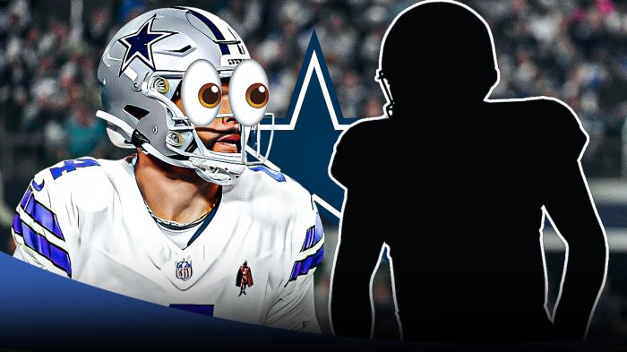 Dak Prescott on the left. A silhouette quarterback on the right. Cowboys logo in the middle. Prescott with googly emoji eyes looking toward the silhouette.