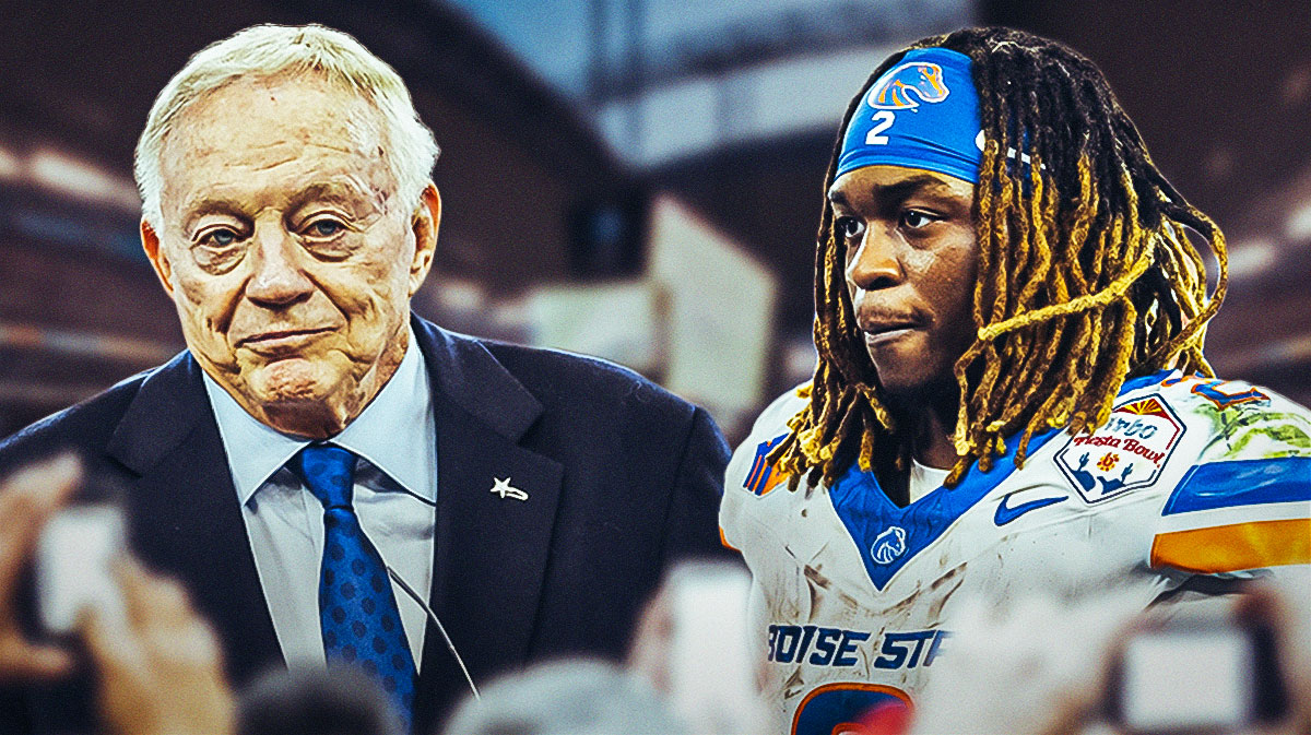 Dallas Cowboys owner Jerry Jones next to Ashton Jeanty in front of AT&T Stadium.