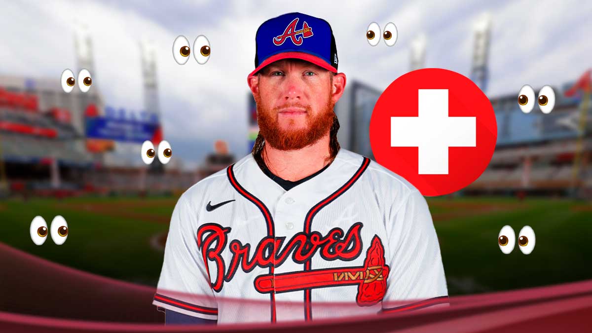 Craig Kimbrel in a Braves uniform with the eyes emojis everywhere. He is standing next to the medical red cross