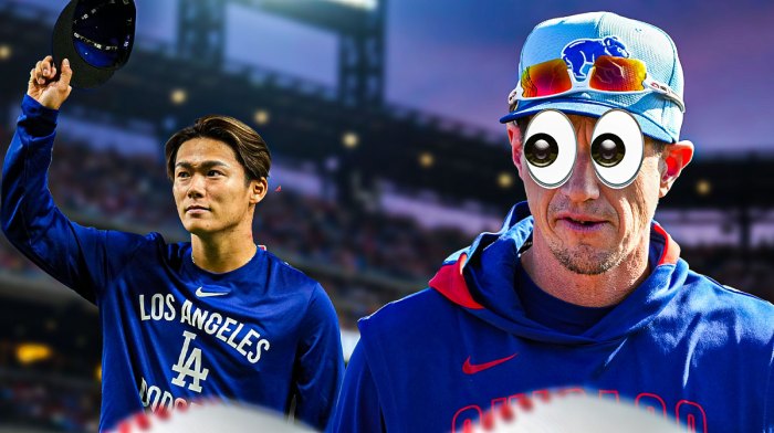 Cubs' Craig Counsell with wide emoji eyes looking at Dodgers' Yoshinobu Yamamoto