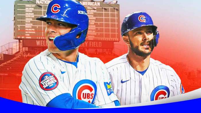 Matt Shaw in a Chicago Cubs uniform next to Kris Bryant in a Cubs uniform as the top prosepct could debut for the cubs in tokyo.