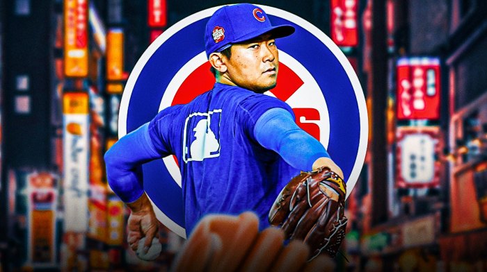 Cubs pitcher Shota Imanaga throwing a pitch, with the background of Tokyo, Japan behind him.