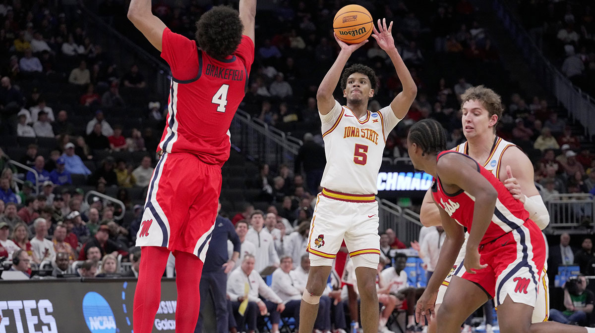 Iowa State guard Curtis Jones (5) hits a three-point basket during the second half of their second round NCAA men’ s basketball tournament game Sunday, March 23, 2025 at Fiserv Forum in Milwaukee, Wisconsin. Mississippi beat Iowa State 91-78.