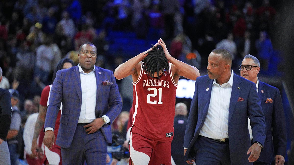 Mar 27, 2025; San Francisco, CA, USA; Arkansas Razorbacks guard D.J. Wagner (21) reacts after losing to the Texas Tech Red Raiders during overtime during a West Regional semifinal of the 2025 NCAA tournament at Chase Center.