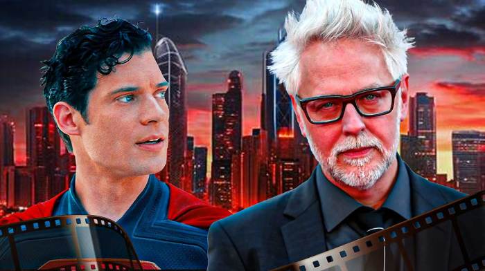 DCU Superman movie star David Corenswet and writer-director James Gunn with skyline background.