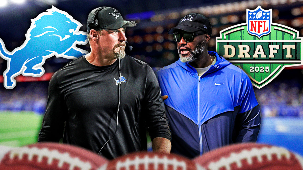 Dan Campbell and Brad Holmes next to Lions logo and NFL Draft logo.