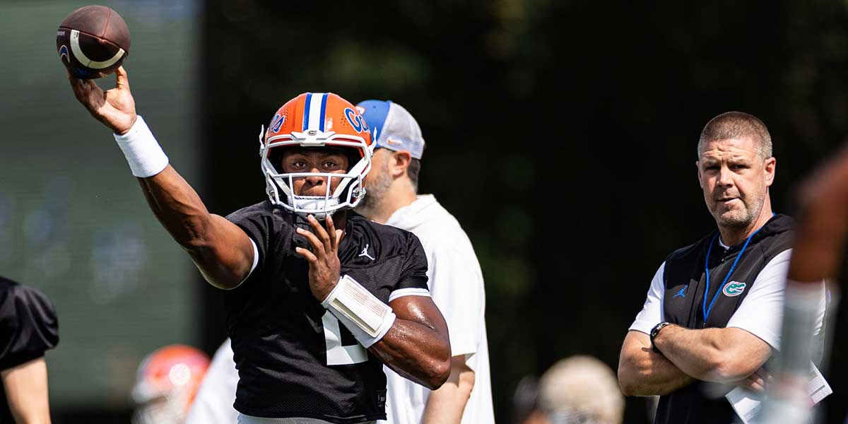 Florida Gators quarterback DJ Lagway (2) throws the ball during fall football practice at Heavener Football Complex at the University of Florida in Gainesville, FL on Wednesday, July 31, 2024. [Matt Pendleton/Gainesville Sun]