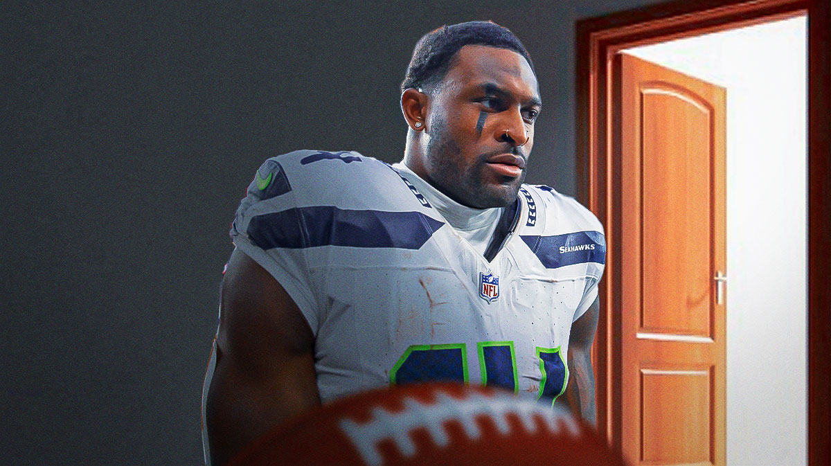 DK Metcalf in action in Seahawks jersey, open door behind him
