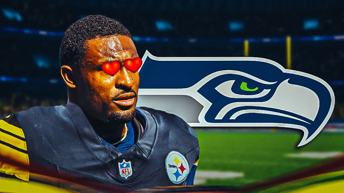 DK Metcalf in a Steelers uniform with heart eyes. Seahawks logo next to him.