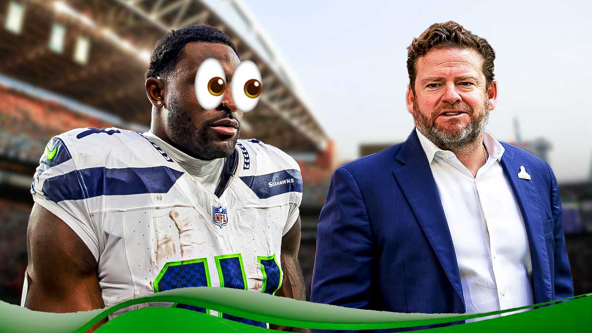 Seahawks WR DK Metcalf with 👀 over his eyes, standing next to Seahawks GM John Schneider. Background is Lumen Field.