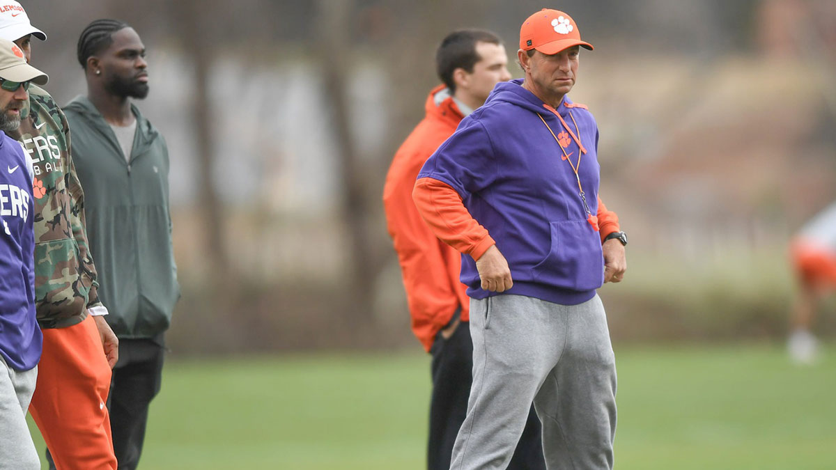 Clemson head coach Dabo Swinney near Phil Mafah, left, during the football practice at the Allen N. Reeves Football Complex at Clemson University in Clemson, S.C. Wednesday, March 5, 2025.