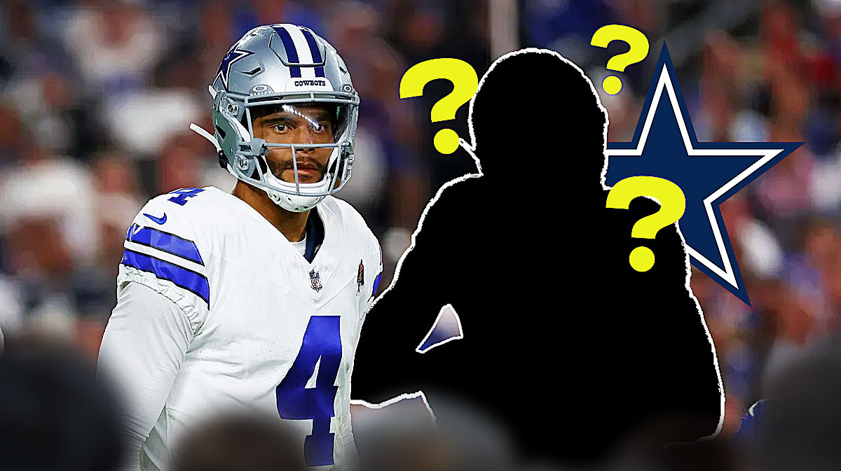 Cowboys QB Dak Prescott next to a silhouette of an American football player with a big question mark emoji inside. There is also a logo for the Dallas Cowboys.