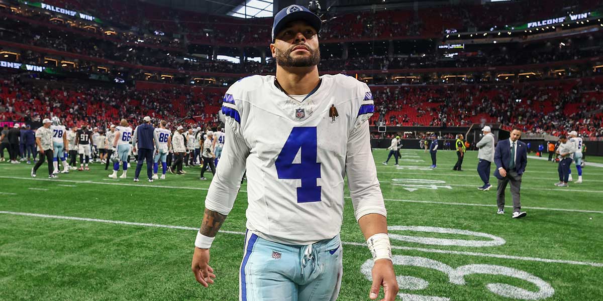 Dallas Cowboys quarterback Dak Prescott (4) walks off the field after a game against the Atlanta Falcons at Mercedes-Benz Stadium.