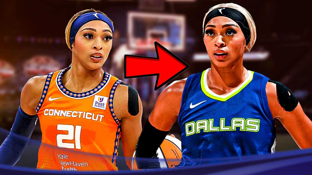 On left, DiJonai Carrington in a Connecticut Sun jersey. Place an arrow pointing right in the middle. On right, DiJonai Carrington in a Dallas Wings jersey.