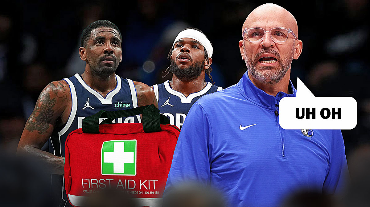 Kyrie Irving and Jaden Hardy on one side with an injury kit in front of them, Jason Kidd on the other side with a speech bubble that says "Uh oh"