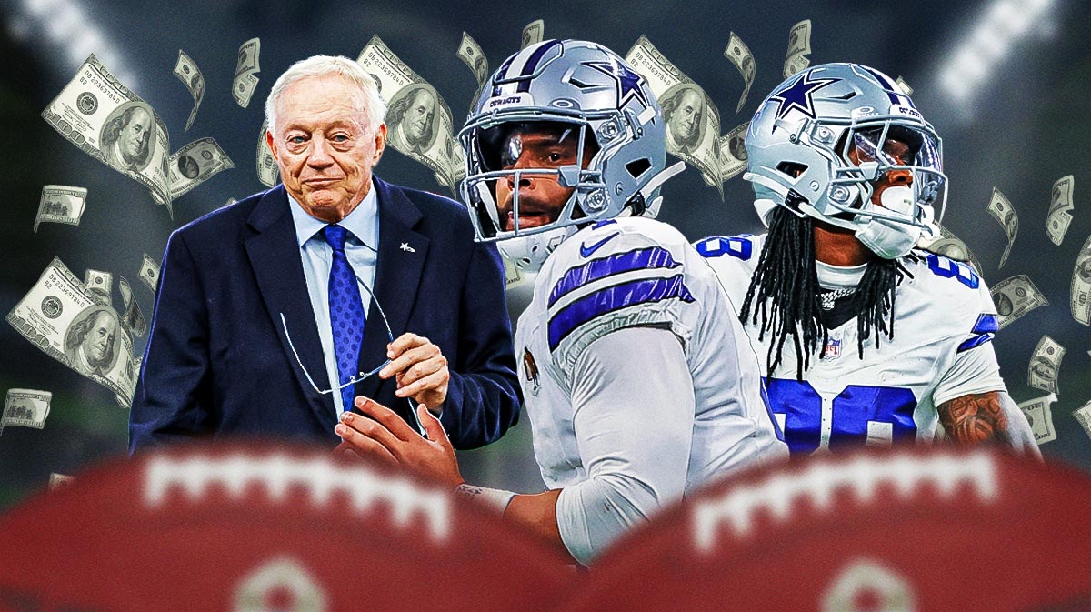 Dak Prescott and CeeDee Lamb both playing football in Cowboys jerseys. Jerry Jones off to the side smiling. Surround all of them with floating cash