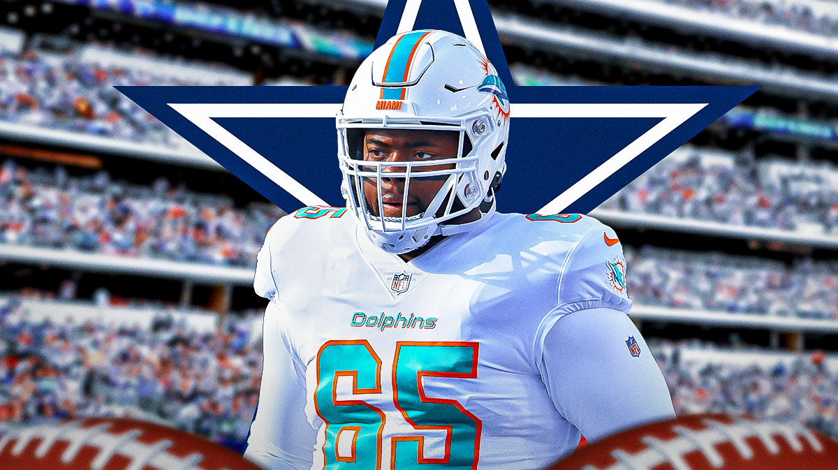 Dolphins offensive lineman Robert Jones with Dallas Cowboys logo in free agency