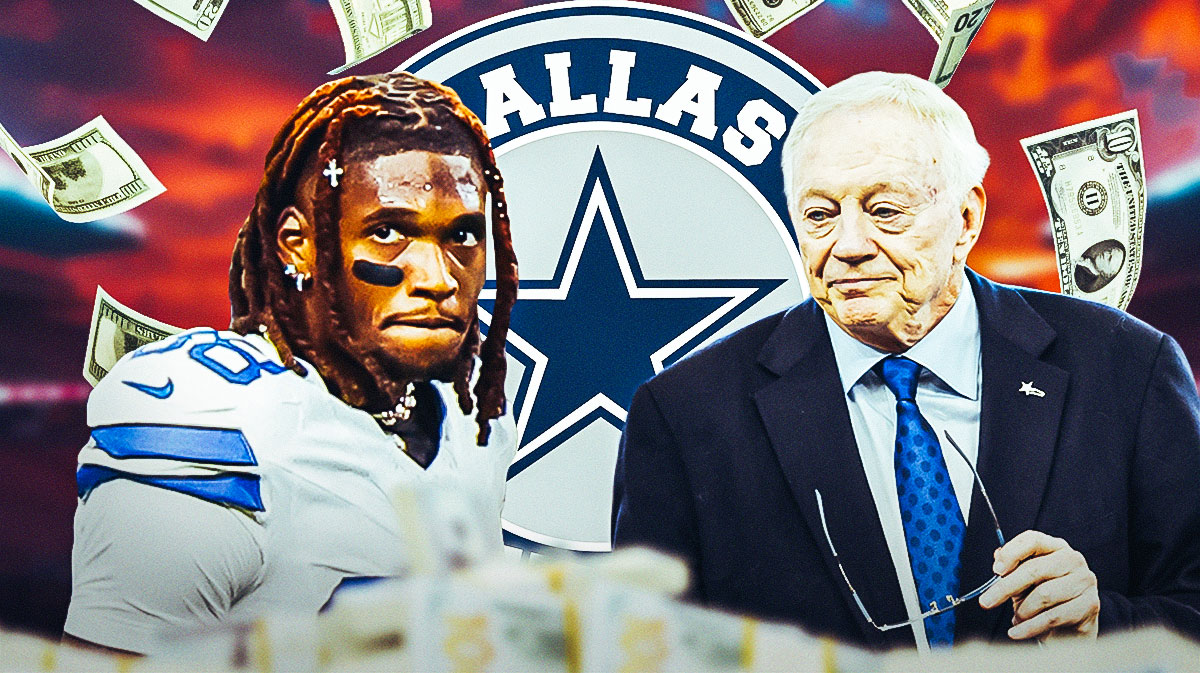CeeDee Lamb, Jerry Jones. Cowboys logo. Money flying all around.