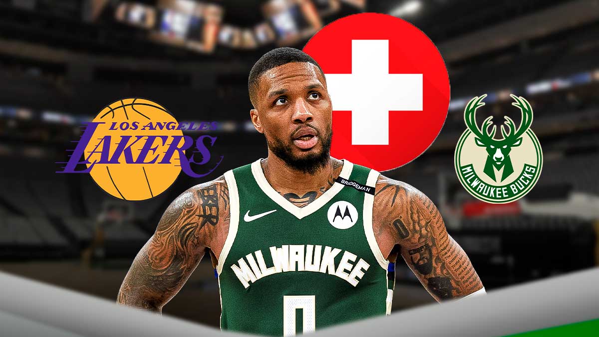 Bucks All-Star Damian Lillard next to the Bucks and Lakers logo with the health symbol in the background