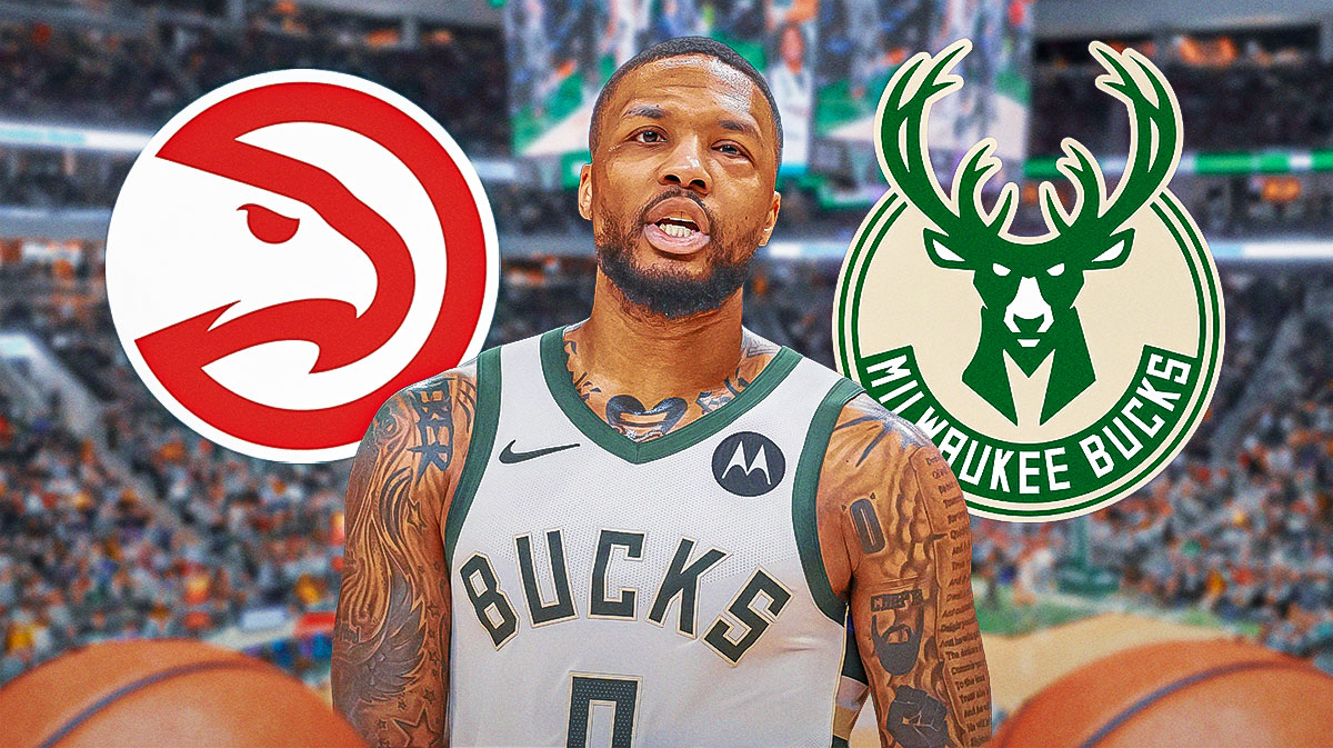 Bucks All-Star Lillard with a swollen eye with the Bucks and Hawks logos next to him