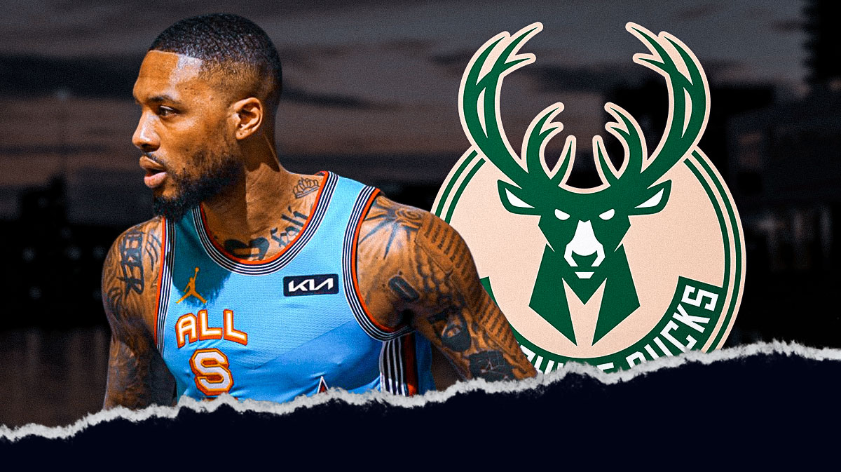Bucks All-Star Damian Lillard next to the Bucks logo with the Milwaukee city skyline in the background in an interview with Chris Haynes