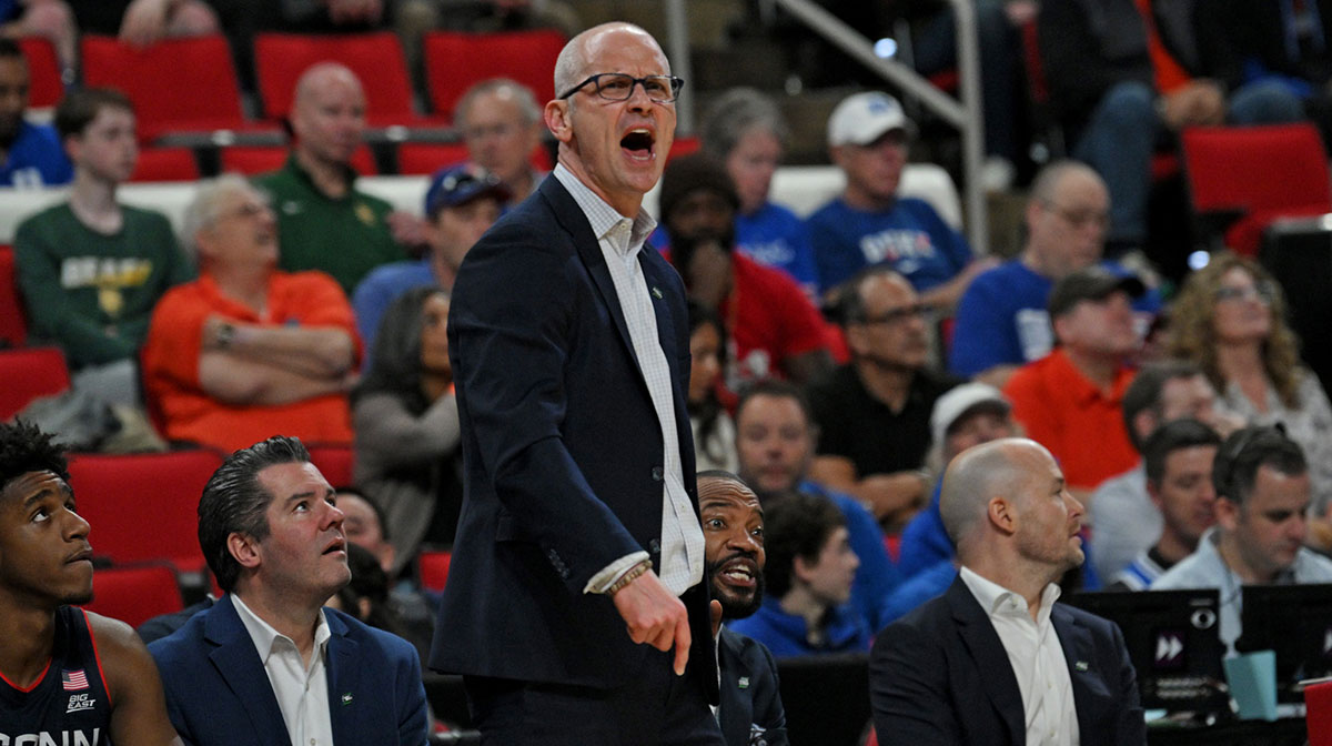 Connecticut (UConn) Huskies head coach Dan Hurley reacts during the first half against the Florida Gators in the second round of the NCAA Tournament at Lenovo Center.