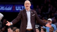 Connecticut Huskies head coach Dan Hurley reacts during the second half against the Creighton Bluejays at Madison Square Garden.