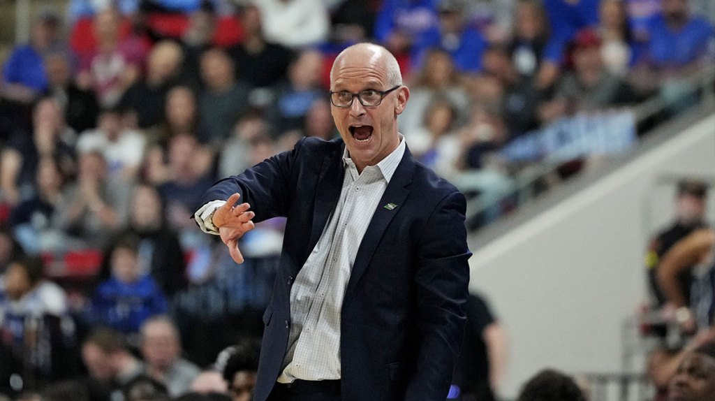 Connecticut Huskies head coach Dan Hurley reacts during the first half against the Connecticut Huskies in the second round of the NCAA Tournament at Lenovo Center. 