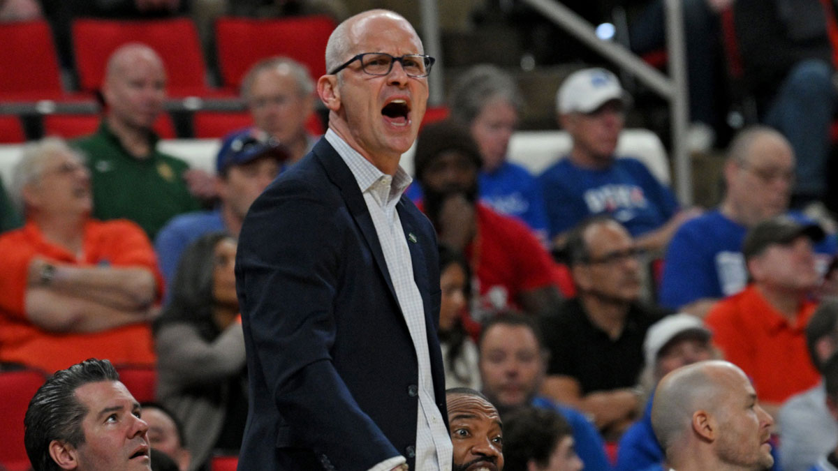 Connecticut Huskies head coach Dan Hurley reacts during the first half against the Florida Gators in the second round of the NCAA Tournament at Lenovo Center.