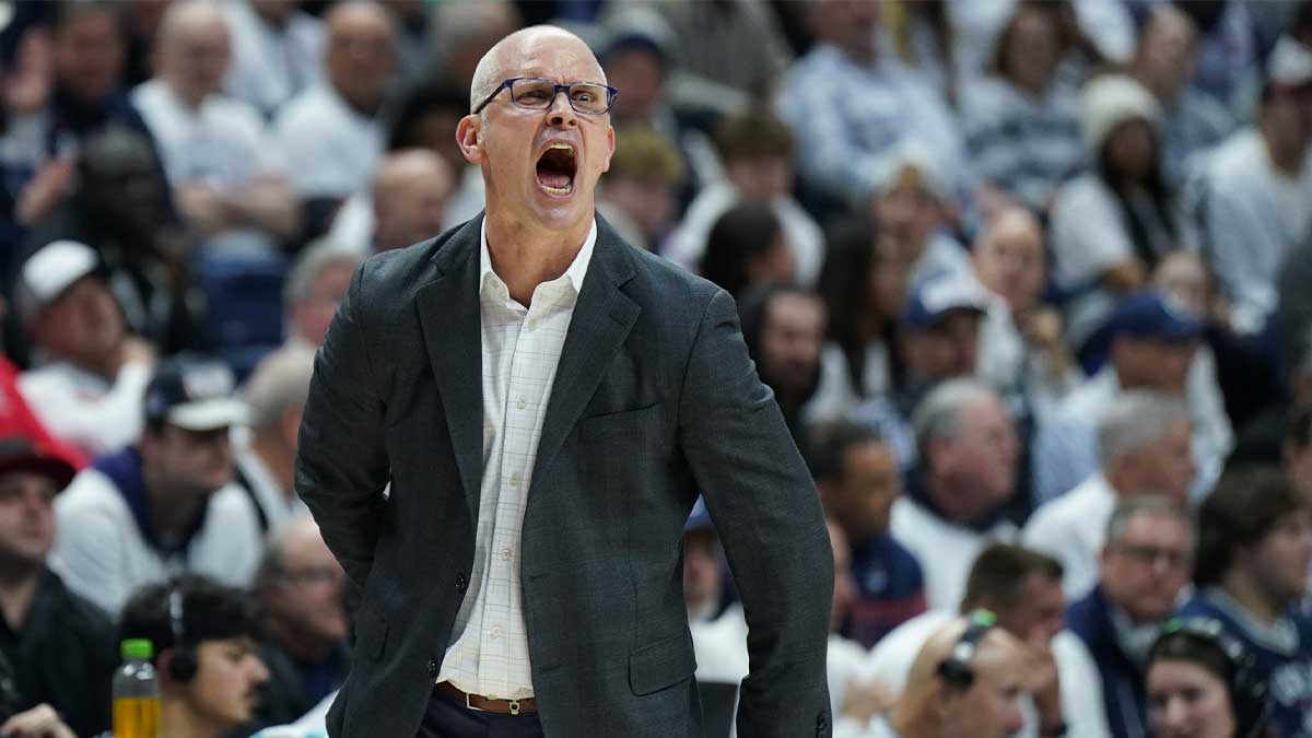 UConn Huskies head coach Dan Hurley watches from the sideline as they take on the Marquette Golden Eagles at Harry A. Gampel Pavilion.