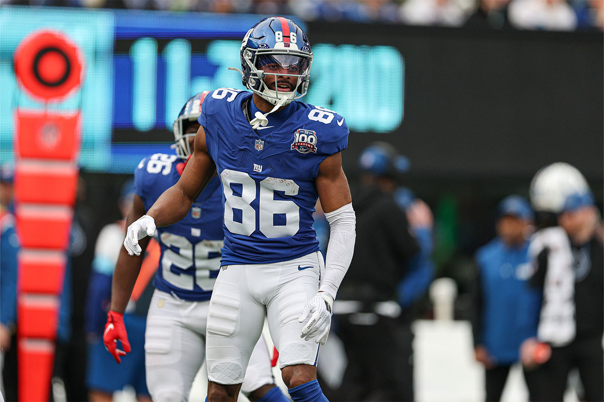 Dec 29, 2024; East Rutherford, New Jersey, USA; New York Giants wide receiver Darius Slayton (86) celebrates after scoring a touchdown reception during the first half against the Indianapolis Colts at MetLife Stadium.