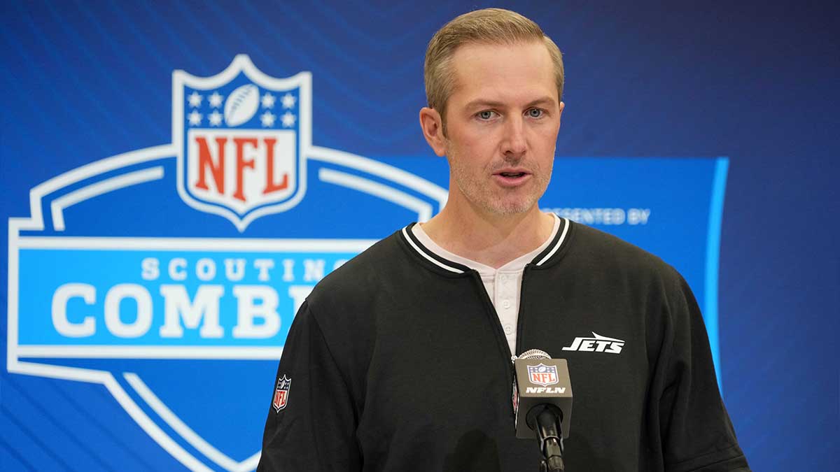 New York Jets general manager Darren Mougey speaks during the NFL Scouting Combine at the Indiana Convention Center.
