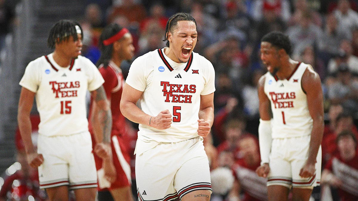 Mar 27, 2025; San Francisco, CA, USA; Texas Tech Red Raiders forward Darrion Williams (5) reacts during overtime against the Arkansas Razorbacks during a West Regional semifinal of the 2025 NCAA tournament at Chase Center.