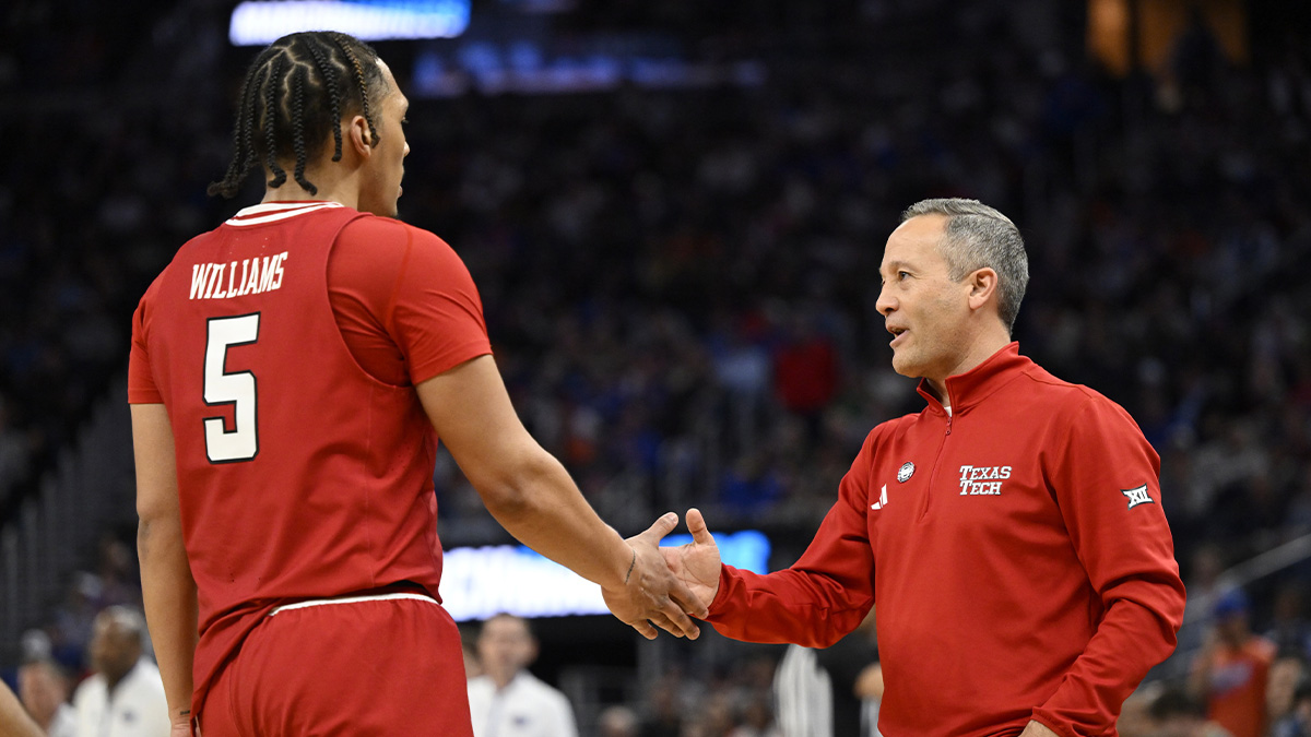 Texas Tech Red Raiders forward Darrion Williams (5) high-fives head coach Grant McCasland during the second half against the Florida Gators during the West Regional final of the 2025 NCAA tournament at Chase Center.