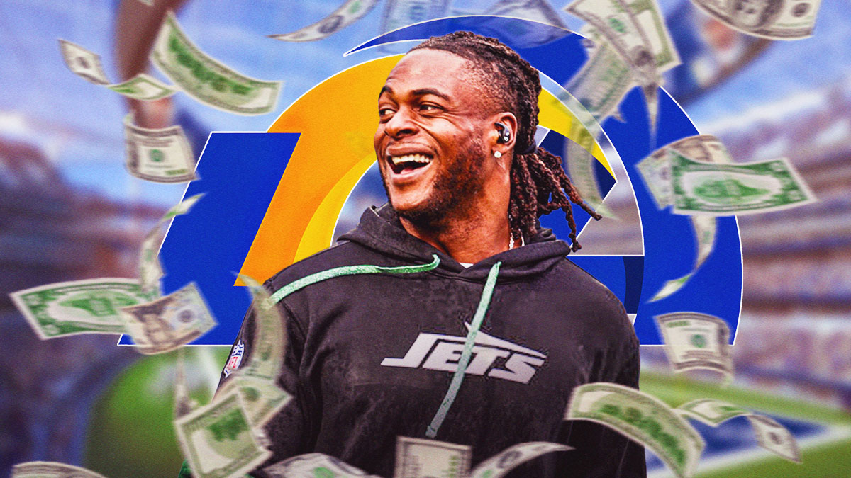 Ex-Jets WR Davante Adams smiling/happy with money falling from sky. Los Angeles Rams logo in background. Background is SoFi Stadium.