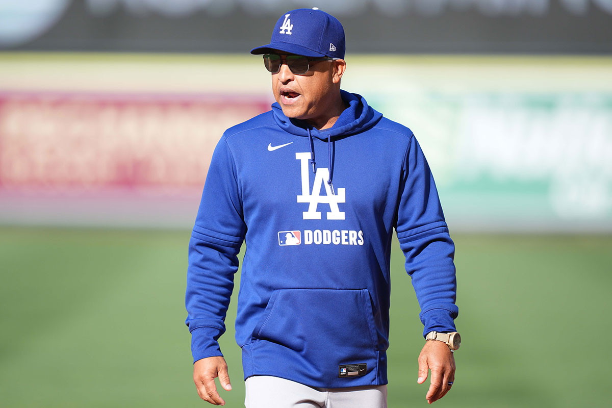 Los Angeles Dodgers manager Dave Roberts (30) before the game against the Los Angeles Angels at Angel Stadium. Mandatory Credit: Kirby Lee-Imagn Images