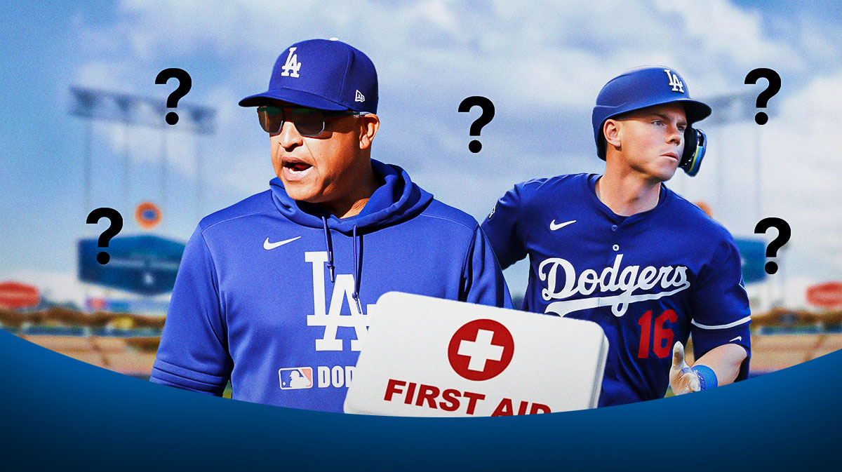 Dave Roberts on one side, Will Smith (of the Los Angeles Dodgers) on the other side with an injury kit in front of him, a bunch of the big eyes emojis in the background