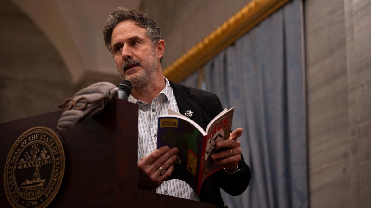 David Aquette reading Maus during Literature Day on the Hill on March 4, 2025, at the Tennessee State Capitol, in Nashville.